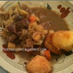 finished beef, vegetable and red wine stew