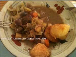 finished beef, vegetable and red wine stew