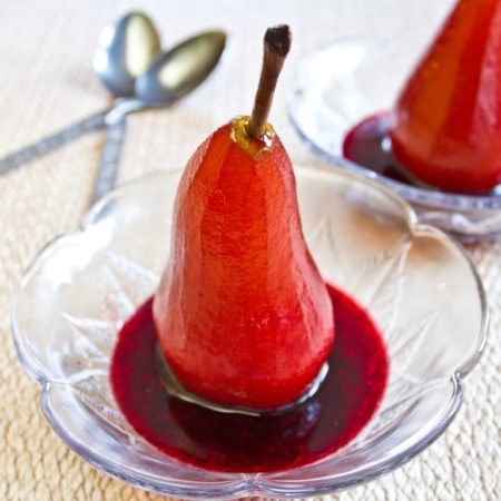 Pears Poached In Elderberry Wine