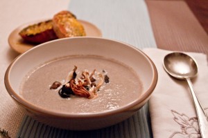 Mushroom Soup with Grilled Wild Mushrooms and Blue Cheese Croutons