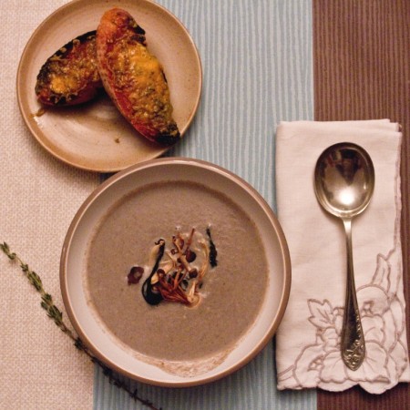 Mushroom Soup with Grilled Wild Mushrooms and Blue Cheese Croutons