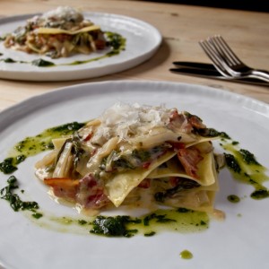 chard and bacon lasagne on the plate