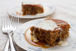 sticky toffee and date cake with toffee sauce and cream