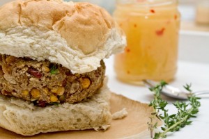 caribbean bean burger with pineapple chilli sauce