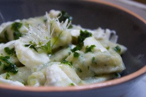 Wild Garlic Gnocchi served with wild garlic flowers