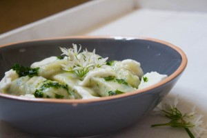 wild garlic gnocchi in bowl with mozzarella
