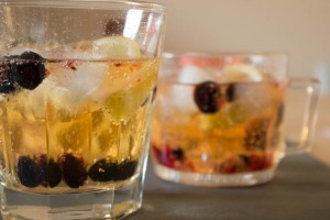 Elderflower Gin and Tonic with blackcurrants close up