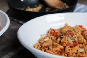 Spicy Tomato Fusilli and Garlic Pangrattato