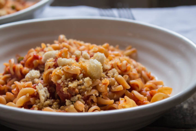 Spicy Tomato Fusilli with Garlic Pangrattato - All That I'm Eating