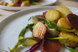 Chorizo Hash with Purple Spring Onions - close up