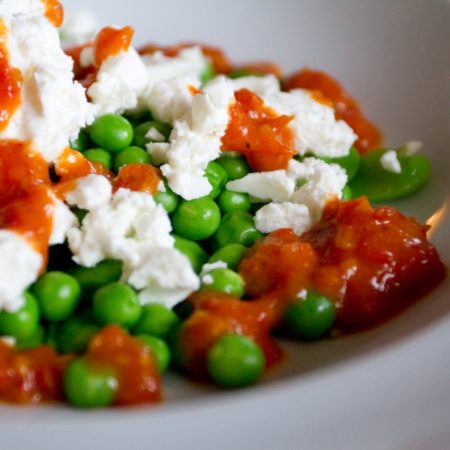 Peas, Broad Beans and Feta with Roasted Tomato and Chilli Sauce - close up