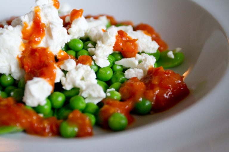 Peas, Broad Beans and Feta with Roasted Tomato and Chilli Sauce All