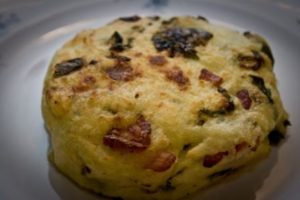 spring green and bacon potato cake