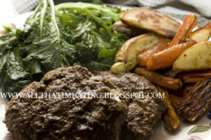 Venison burgers with chips and purple sprouting broccoli