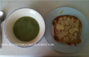 finished pea and lettuce soup with cheese on toast