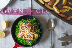 Vegetarian Fish and Chips (with halloumi) and mushy peas