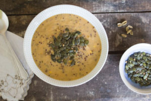 Sweet Potato and Corn Soup with Seed Topping