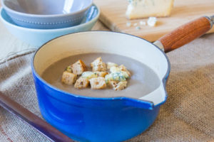 Mushroom Soup with Cheese and Crouton Topping