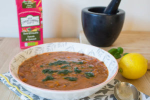 Tomato and Spinach Soup with Basil Oil Topping
