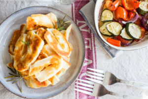 rosemary and garlic halloumi with roasted veg