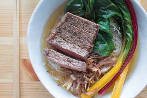 beef ramen with chard and onions