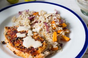 miso and lime dressing with spiced sesame chicken