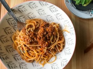 Proper Ragu served with spaghetti