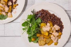 Harissa Roasted Squash with red rice and salad