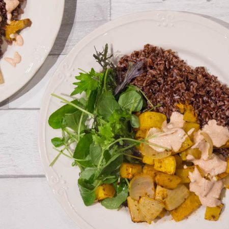 Harissa Roasted Squash with red rice and salad