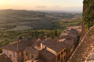 Sunset over Montepulciano on our Italian road trip