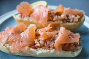 beetroot, horseradish and salmon sandwiches