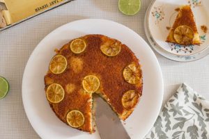 upside down lime cake sliced and served