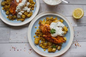 Chipotle Sweetcorn Hash with paprika chicken