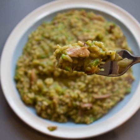 forkful of pea and bacon risotto