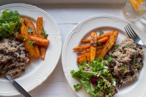 jerk carrots with rice and beans and salad