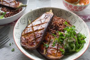 miso aubergine with rice and pickled cucumber