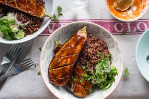 miso glazed aubergine, cucumber pickle and red rice