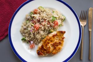 sticky chilli chicken with avocado grapefruit rice salad