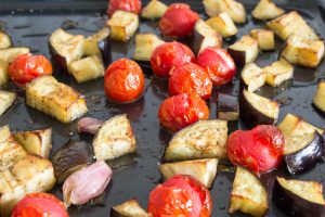 roasting the aubergine and tomatoes