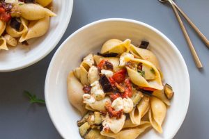 roasted aubergine and tomato pasta with mozzarella