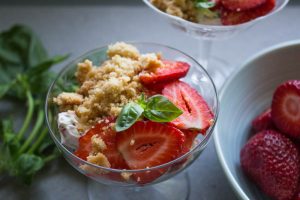 cream, strawberries, shortbread and basil