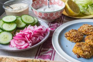 quick pickled onions and carrot falafel