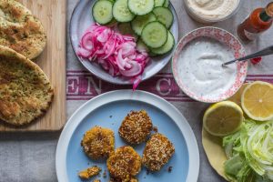 carrot falafel, pickled onions, cucumber and all the sides