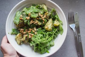 potato and pesto salad with chargrilled broccoli