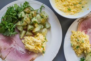 beetroot remoulade with herby potatoes and ham