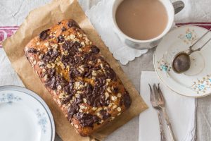 banana bread with chocolate, oats and honey