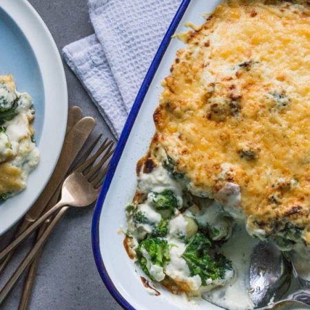 gnocchi, kale and spinach gratin