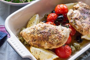 chicken tray bake with tomatoes and olives