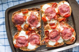 Ciabatta with salami, mozzarella and tomatoes