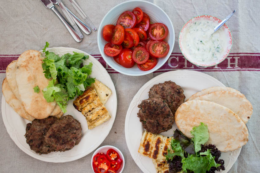 Lamb kebabs with halloumi and pitta bread